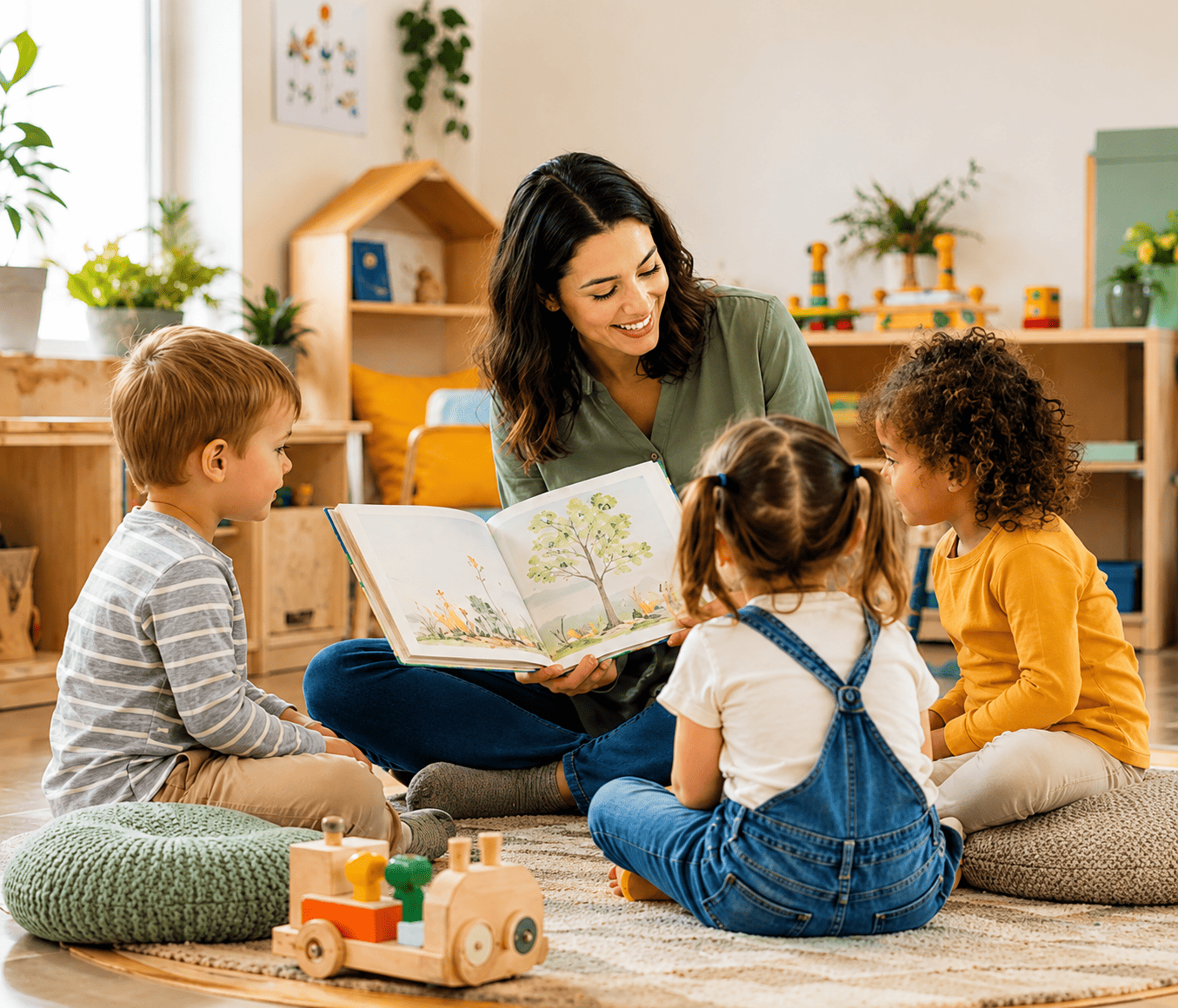 Professora realizando atividades educativas com crianças em sala de aula